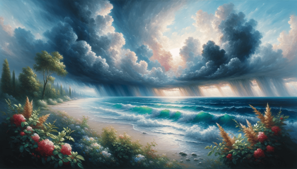 An oil painting of a serene seaside amidst a storm, illustrating peace and resilience in difficult times.