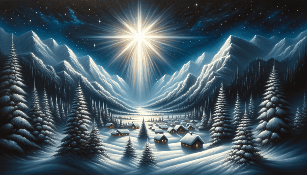 A majestic winter night scene in oil painting, symbolizing Jesus as the Prince of Peace, with a radiant star over a snow-covered village.