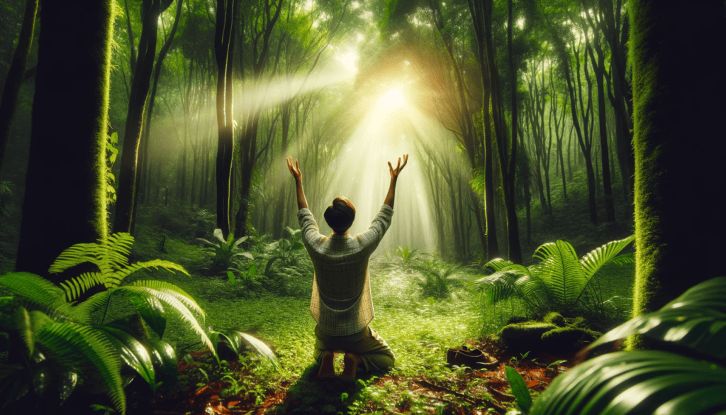 Person kneeling in a lush green forest, seeking God with hands raised to the sunlight.