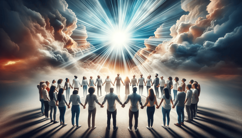 Diverse group of people holding hands in a circle under a radiant sky, symbolizing adoration and praise.