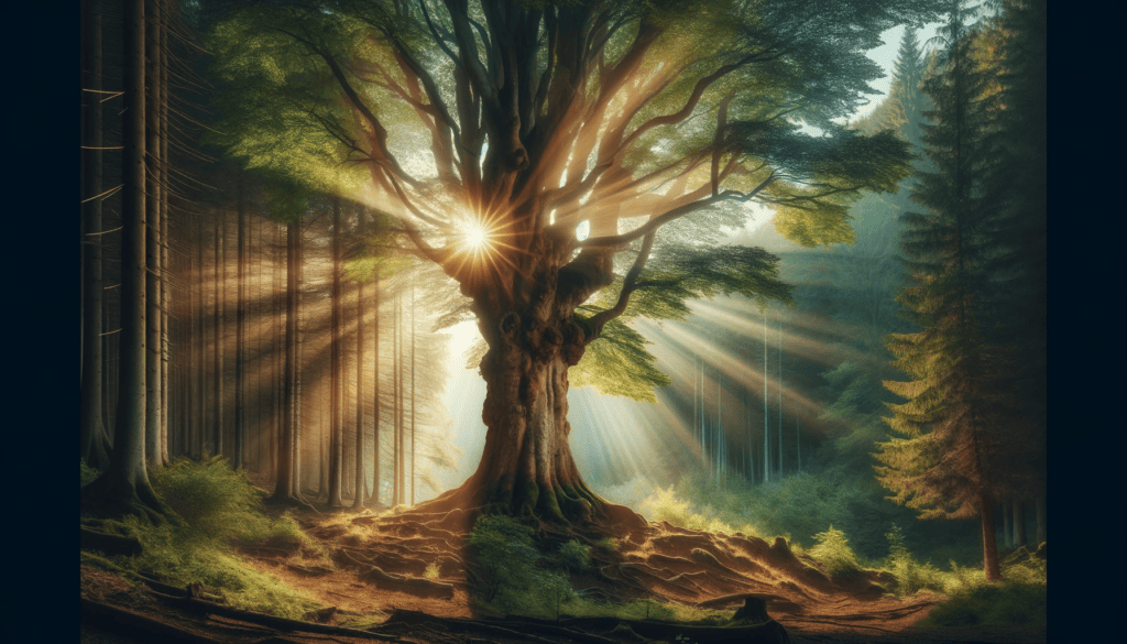 Wise old tree standing tall in a forest clearing with rays of sunlight, symbolizing guidance and wisdom.