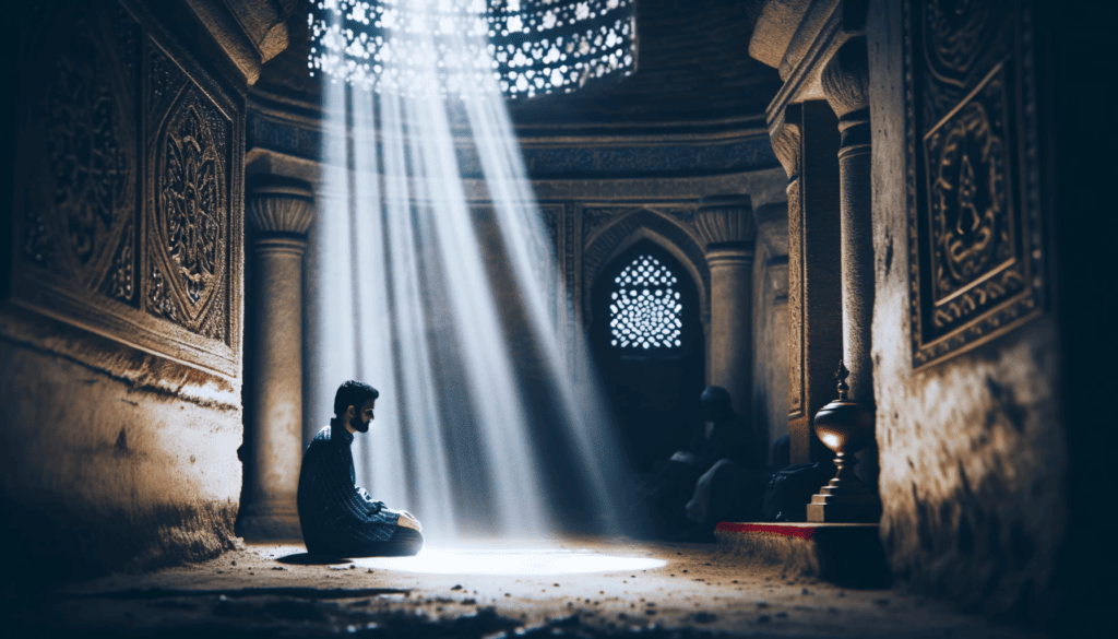 Humble person kneeling and praying in a beam of light, symbolizing repentance and confession.