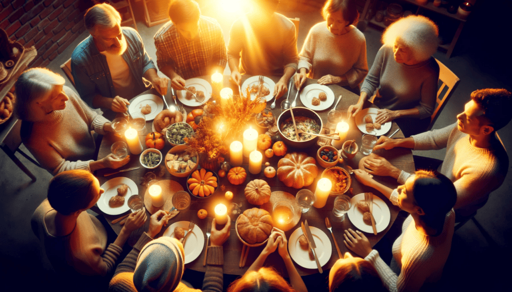 Diverse group of people gathered around a table, sharing food and giving thanks, symbolizing intercession and thanksgiving.