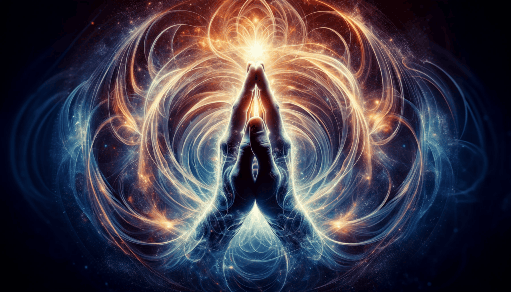 Clasped hands surrounded by a swirling aura of light, representing the power of prayer.