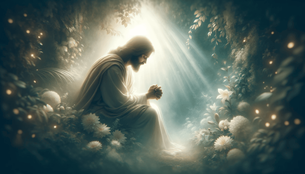 Serene image of Jesus praying in a garden, surrounded by soft, ethereal light, symbolizing Jesus and prayer.