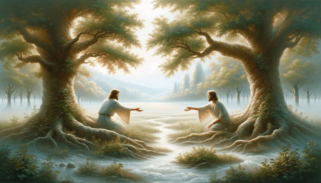 Oil painting of two individuals extending hands towards each other in a serene landscape, symbolizing reconciliation.