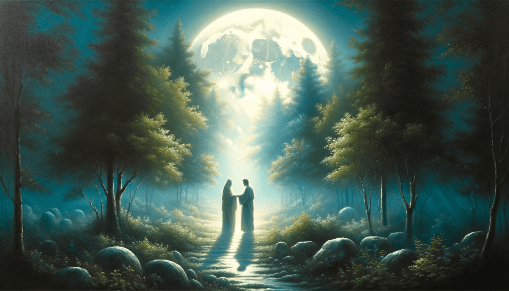 Oil painting of a tranquil, moonlit garden with two figures reconciling, symbolized by the soft moonlight and gentle shadows, depicting forgiveness and restoration.