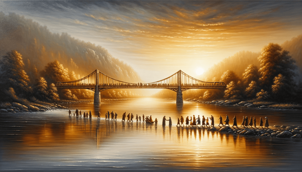 Oil painting of a bridge over a calm river with people from different backgrounds crossing together at dusk, symbolizing peace and unity with a warm, welcoming glow.