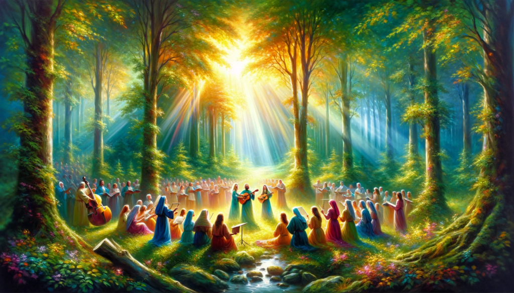 A serene, vibrant oil painting capturing a group of people in a lush forest, expressing spiritual happiness and unity.