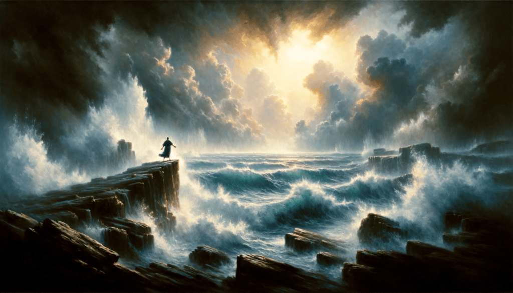 A powerful, emotive oil painting portraying a lone figure on a rocky cliff, facing a tumultuous sea, symbolizing steadfastness and hope in adversity.