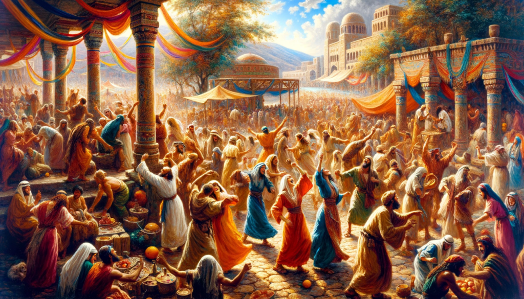 A lively, engaging oil painting capturing a festive scene in an ancient marketplace, evoking communal happiness and the spirit of togetherness.