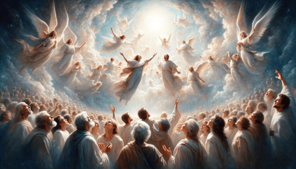 An uplifting oil painting depicting individuals in awe, surrounded by soft light and angels, symbolizing divine joy and salvation.