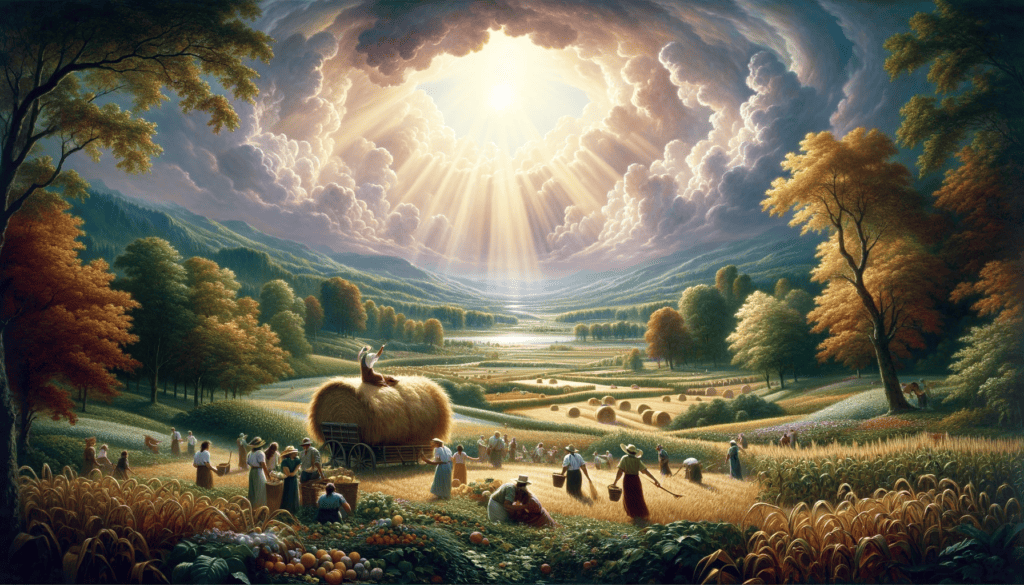 A serene, pastoral oil painting showcasing people joyfully harvesting crops under a radiant sky, symbolizing abundance and providence.