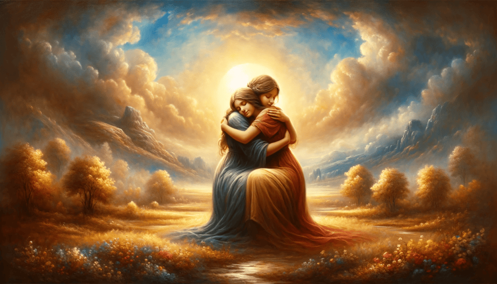 The image portrays two sisters in a warm embrace, set against a serene landscape, symbolizing the depth and warmth of their bond.