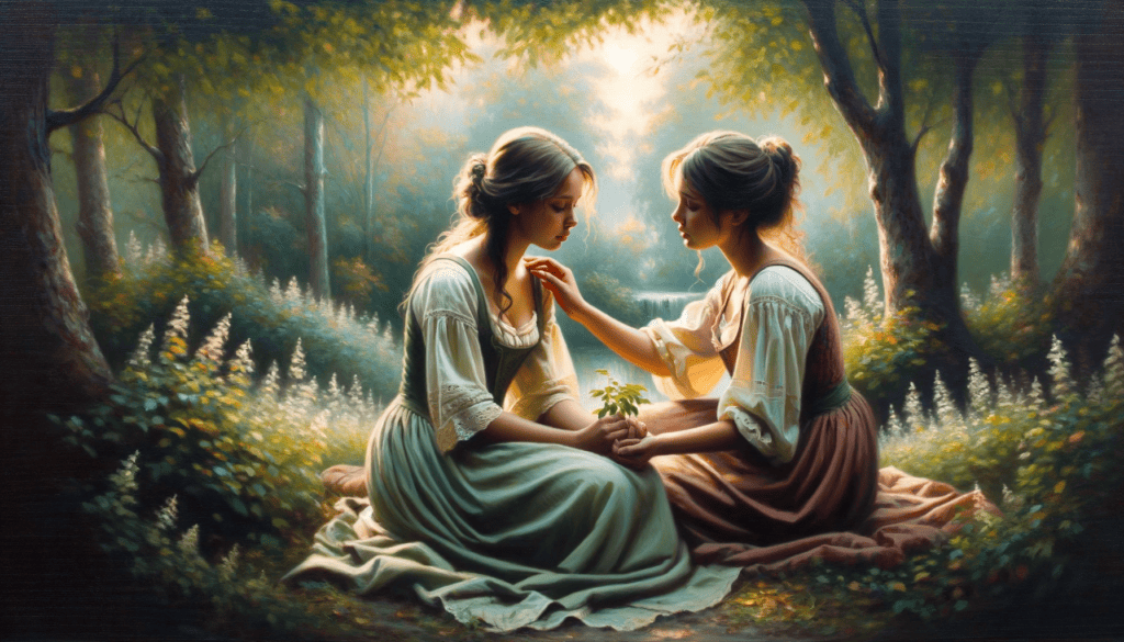 The painting illustrates a tender moment between two sisters in a tranquil garden, emphasizing the growth and nurturing aspects of their relationship.