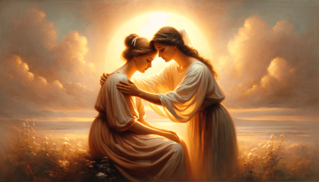 This artwork captures two sisters offering comfort and strength to each other, with a sunrise in the background representing hope and new beginnings.