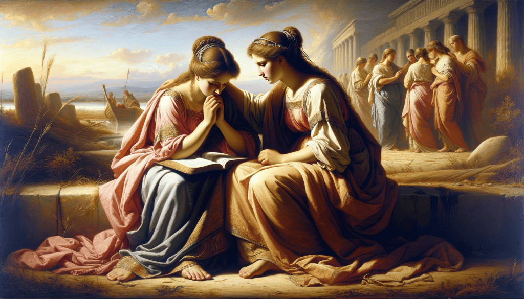 The depicts two biblical sisters in a moment of deep interaction, set against an ancient landscape rich in symbolic details. The painting emphasizes their emotional and spiritual connection, rendered in a classical oil painting style that highlights emotion, texture, and historical authenticity.