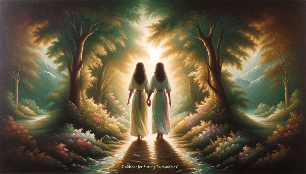 This painting embodies guidance for sisterly relationships, depicting two sisters walking together along a path, symbolizing their journey through life with wisdom and mutual support.