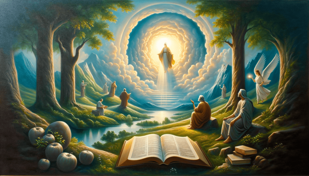 Oil painting of 'The Source of Wisdom', showing contemplative figures in a serene setting with symbolic elements like an open book and divine light, representing the pursuit of divine wisdom.