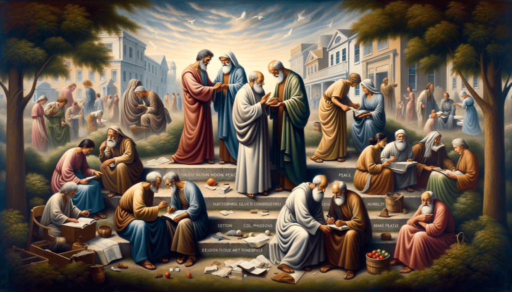 Oil painting of 'Wisdom in Action', portraying people engaged in wise actions like helping others and making peace, symbolizing the application of wisdom in daily life.