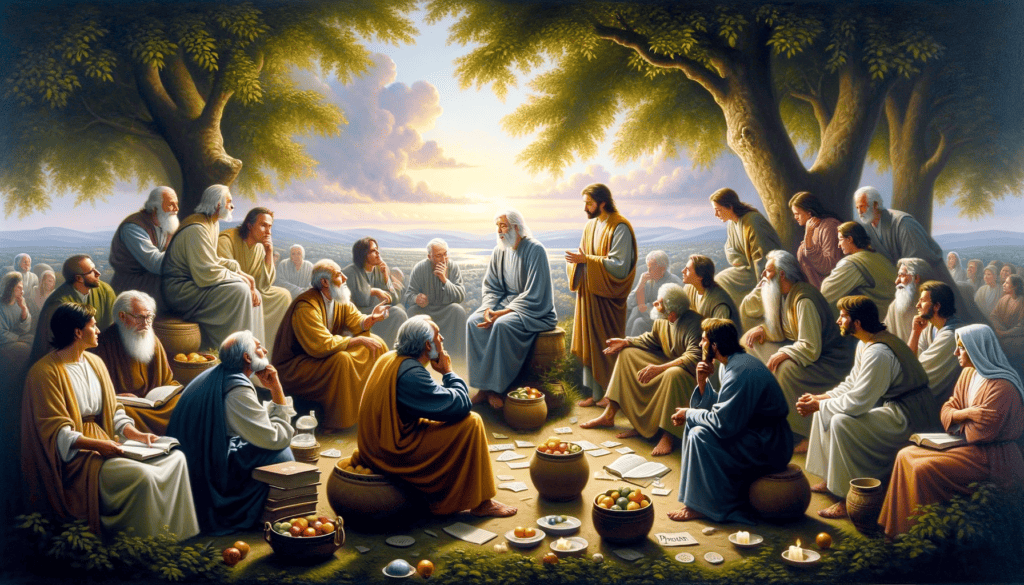 Oil painting of 'Wisdom in Speech', showing individuals in thoughtful and gracious conversation, highlighting the wisdom and grace of spoken words in a peaceful setting.