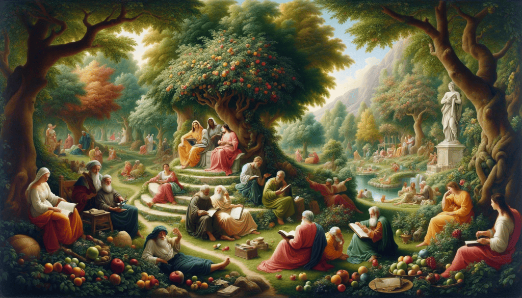 Reimagined oil painting of 'The Benefits of Wisdom', showing a vibrant garden with people enjoying peaceful activities, symbolizing the richness and joy wisdom brings to life.