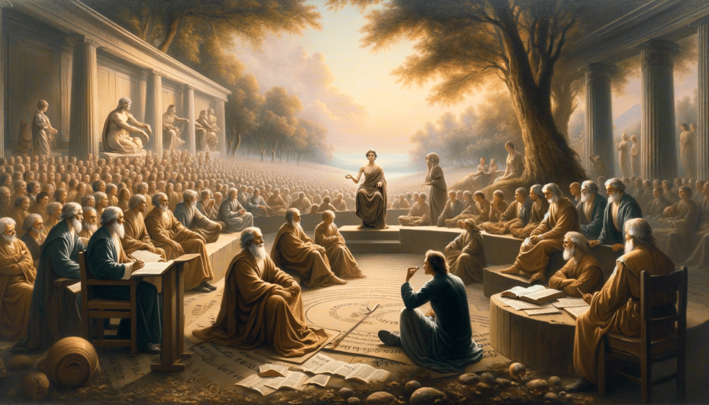 Oil painting of 'Wisdom and Understanding', showing scenes of individuals demonstrating patience, thoughtfulness, and understanding in various settings, symbolizing the positive impact of wisdom on personal and communal well-being.