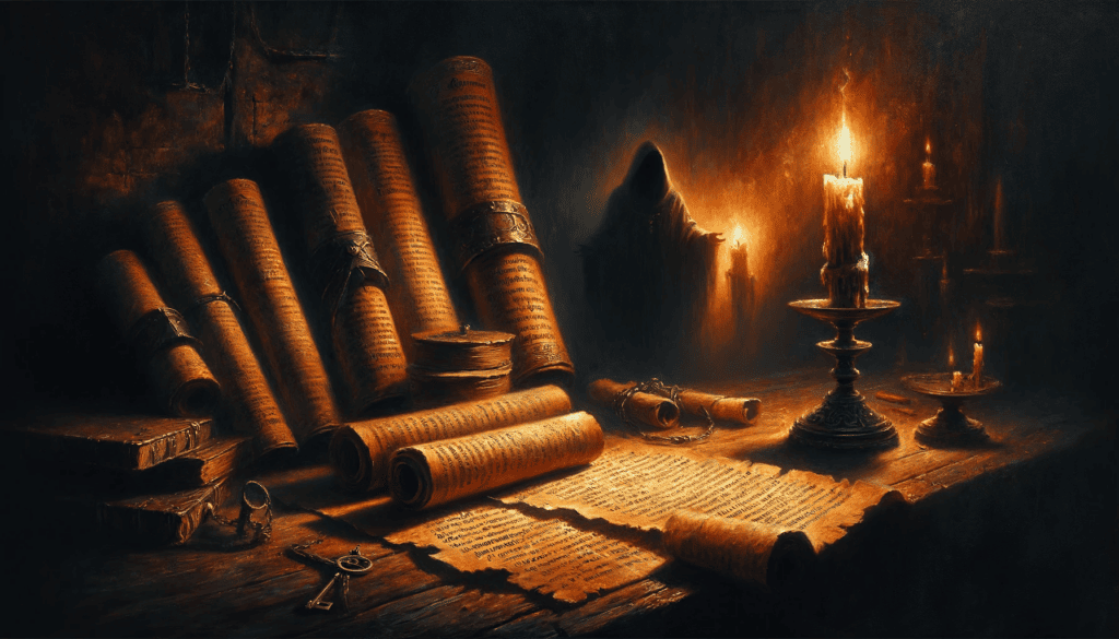 An oil painting depicting the concept of 'Condemnation of Witchcraft', with ancient scrolls, a flickering candle, and a shadowy figure in a dimly lit interior.
