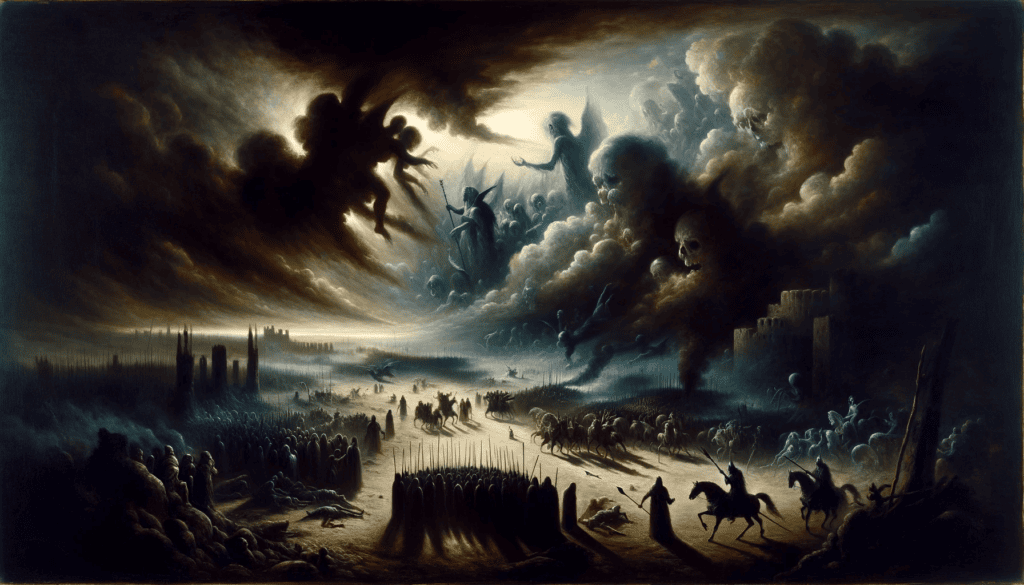 An oil painting illustrating 'Witchcraft as Rebellion', showing a brooding sky over an ancient battlefield with shadows and figures amidst a supernatural struggle.