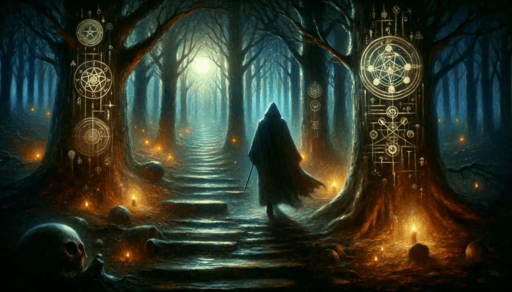 An oil painting visualizing 'The Dangers of Witchcraft', with a dark, eerie forest, mystical symbols, and a cloaked figure traversing a shadowy path.