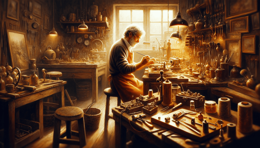 A dedicated artisan meticulously working in their workshop, surrounded by tools and creations, symbolizing hard work and dedication.
