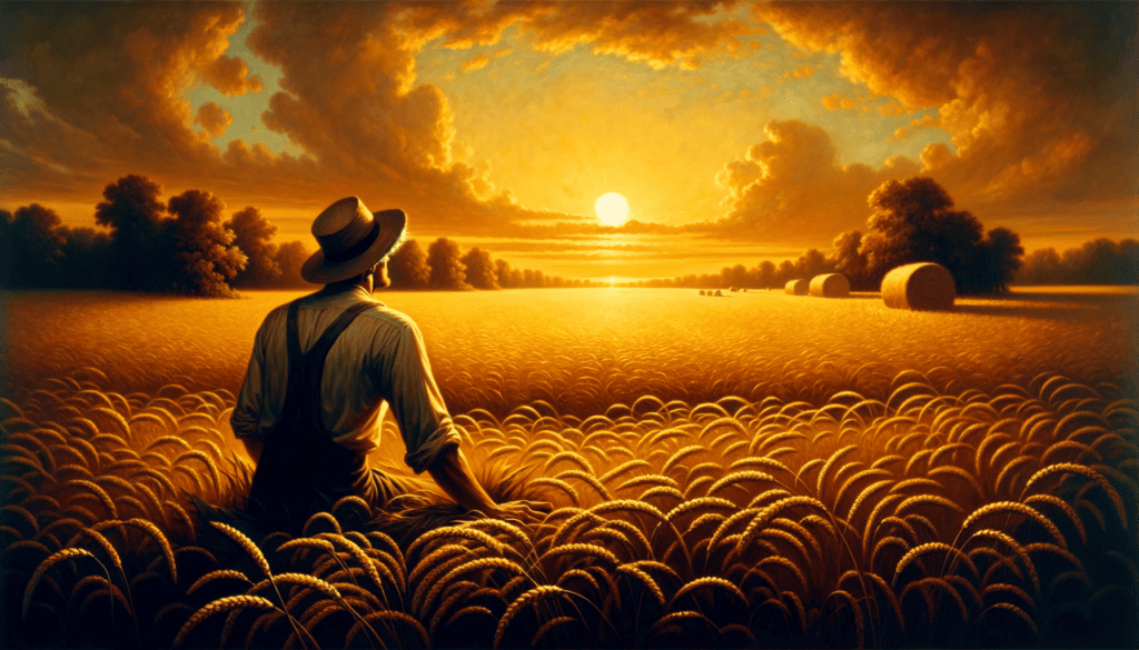 A farmer gazing at a bountiful harvest in a golden field, reflecting the satisfaction and gratitude for the fruits of labor.