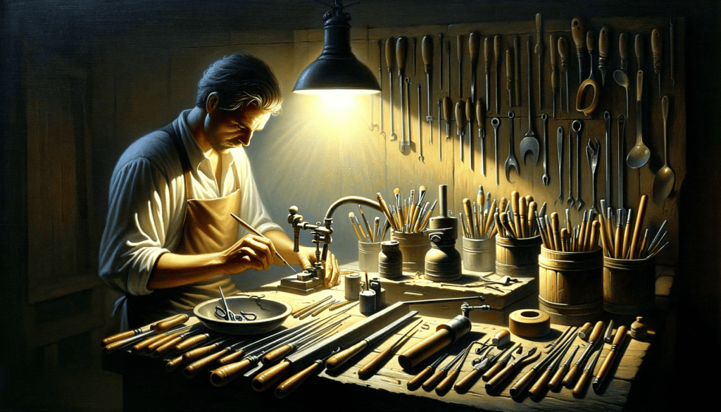 A craftsman working with honest dedication in their workshop, symbolizing the importance of integrity and meticulousness in work.