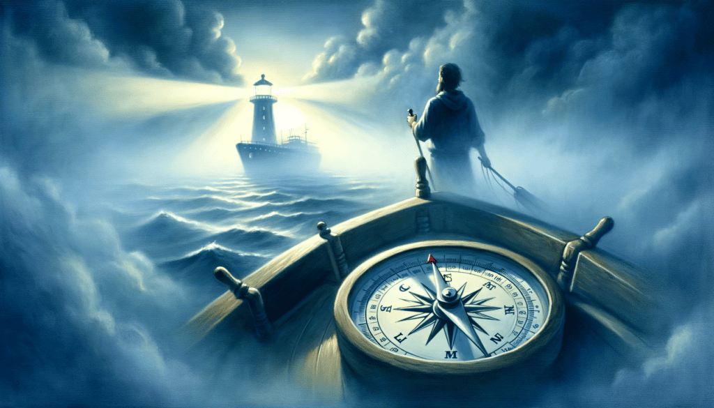 A person at the helm of a ship, navigating through foggy seas with the help of a compass and a distant lighthouse, representing trust in guidance.