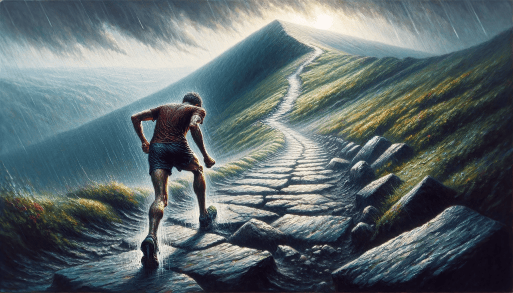 The artwork captures a runner pushing forward on a rugged, uphill path in stormy weather, symbolizing the spirit of perseverance and strength to endure.