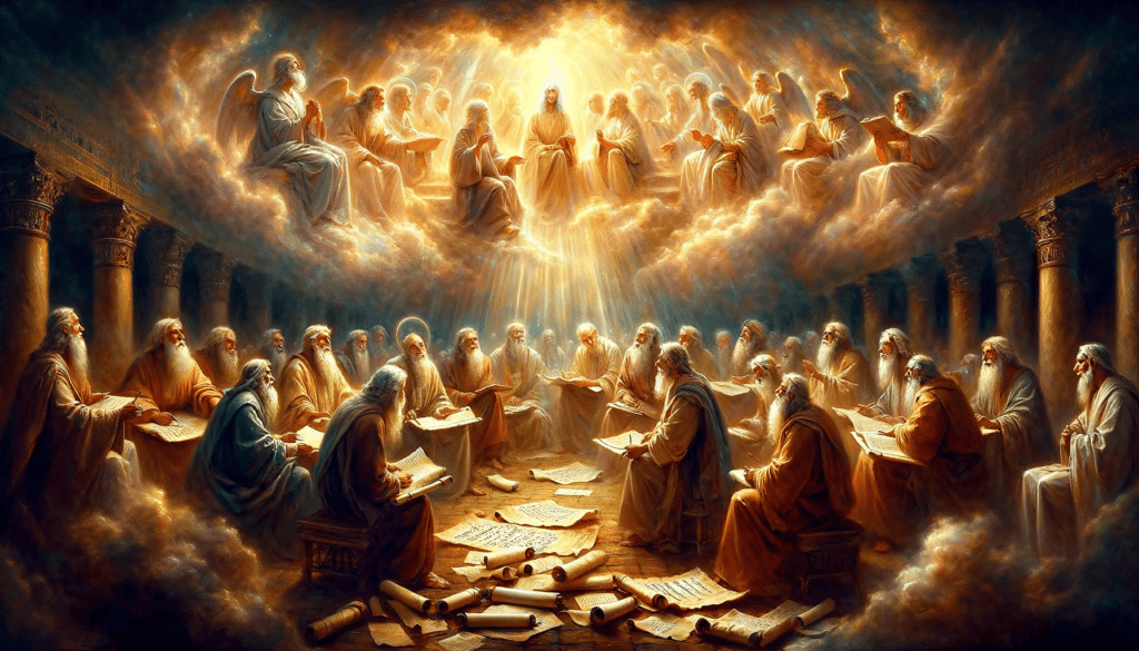 An oil painting in the style of the old masters depicting the prophecies of the Messiah's birth. The scene shows prophets like Isaiah and Micah in sacred spaces, each receiving divine revelations, bathed in a heavenly glow. Scrolls with prophetic texts lay before them, and ethereal visions of the future Messiah float above, creating a spiritual and reverent atmosphere.