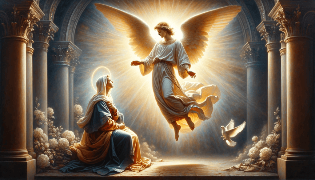 An oil painting in the classic style portraying the moment of the Annunciation. The scene features the angel Gabriel bathed in celestial light, appearing before the Virgin Mary. Mary, dressed in humble attire, receives the angel's message with awe and humility. The Holy Spirit, symbolized as a dove, hovers above, signifying the divine nature of the event.