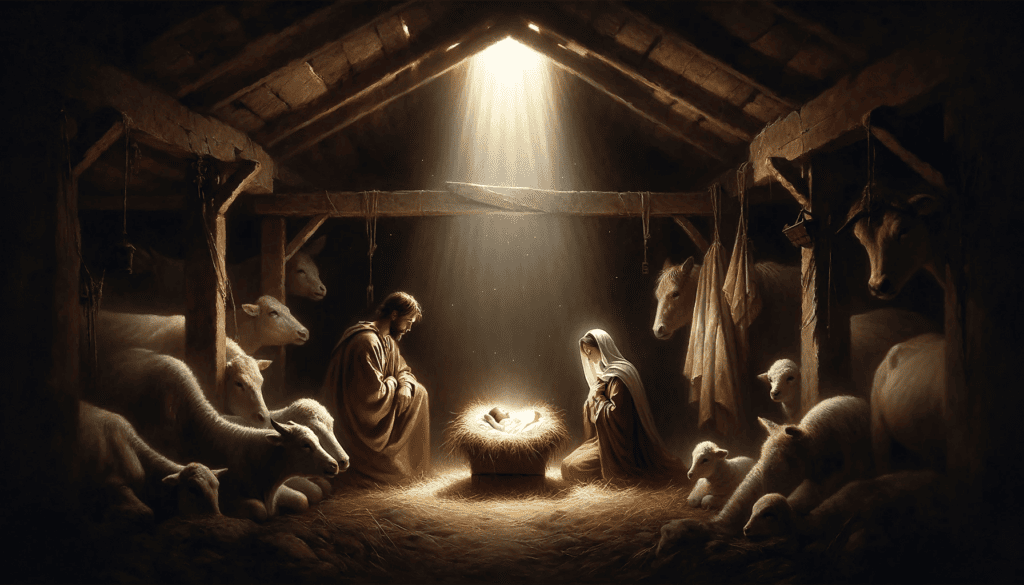 An oil painting in the style of the old masters depicting the Nativity. The scene unfolds in a humble stable bathed in soft, divine light, with the newborn Jesus in a manger as the focal point. Mary and Joseph gaze upon their child with adoration and wonder, while animals rest peacefully. The painting embodies the tranquility and sacredness of the moment, with a bright star illuminating the stable from above.