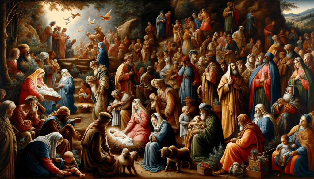 An oil painting in the style of the old masters depicting the varied responses to Jesus' birth. Different groups, including shepherds, wise men, and others, are portrayed each reacting in their own unique way - some in contemplation, others in joyful adoration, and some in hurried movement, possibly representing the flight to Egypt. The painting vividly captures the profound impact and diverse reactions to this momentous event.