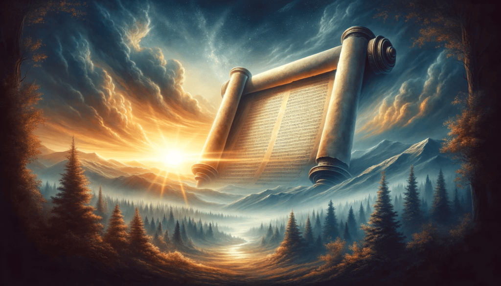 The Eternity of God's Word: A timeless landscape with an ancient scroll and a fading sunset, symbolizing the eternal nature of divine wisdom. 