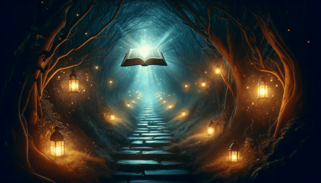 The Light of God's Word: A mystical pathway illuminated by lanterns with an open book casting a glow, representing guidance through uncertainty. 