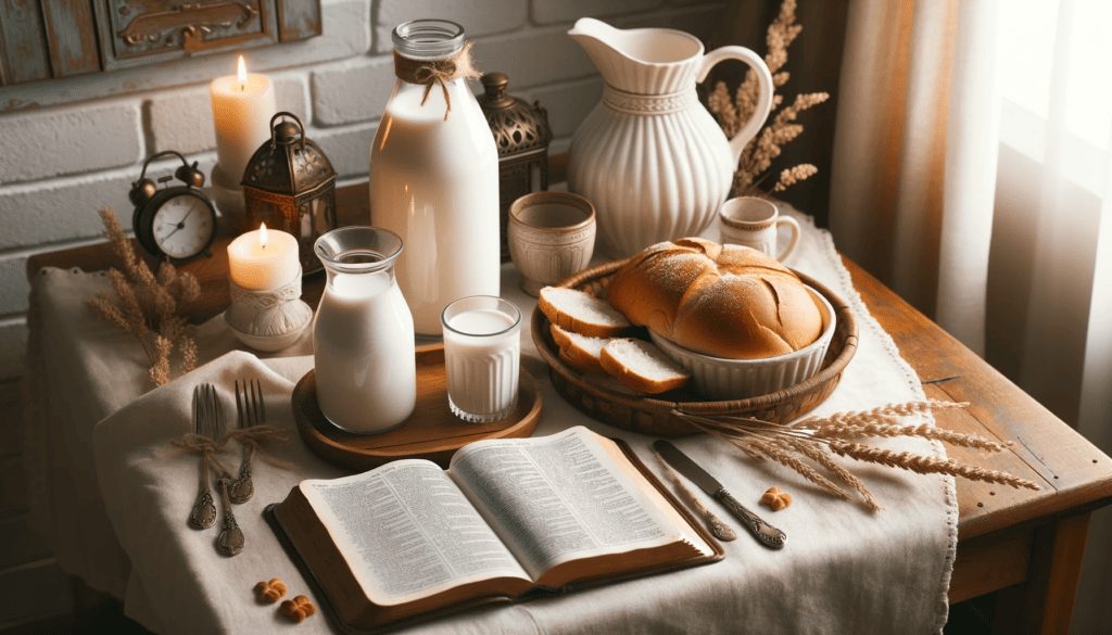 The Nourishment of God's Word: A cozy scene with bread, milk, and an open Bible, symbolizing spiritual sustenance. 