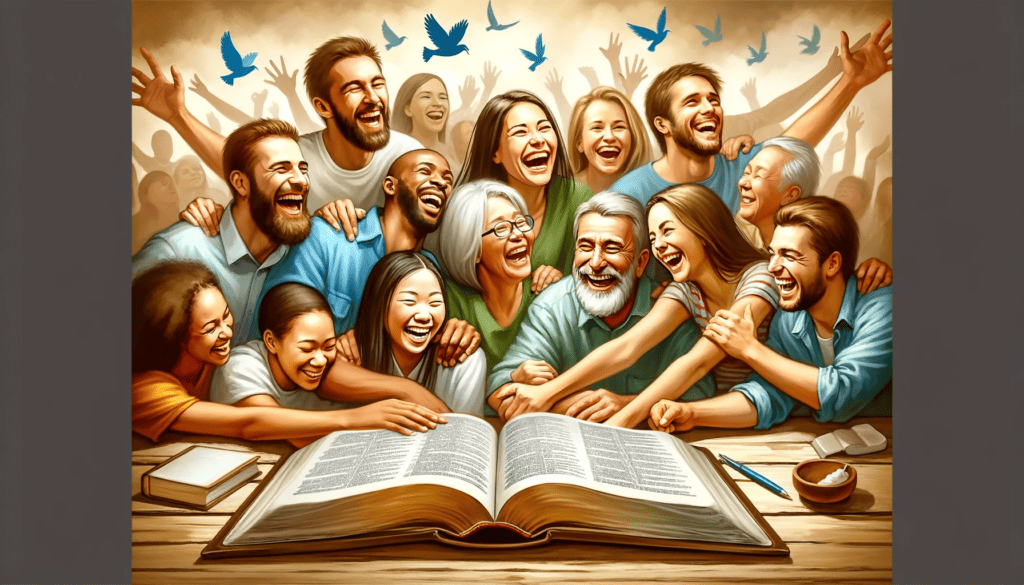 The Joy in God's Word: A joyous gathering of people around an open Bible, sharing smiles, symbolizing communal happiness and fellowship. 