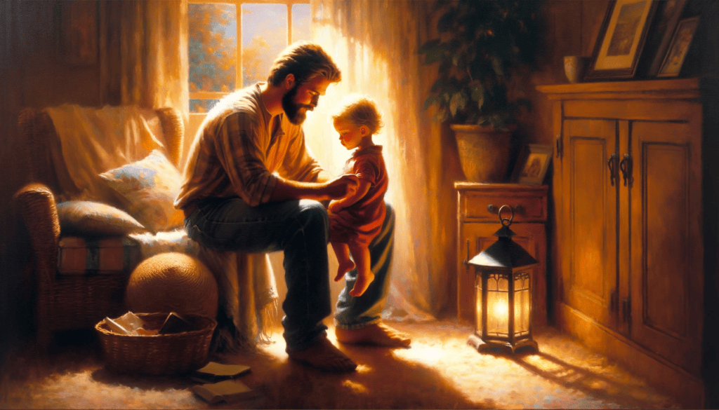 An oil painting of a loving father patiently teaching and guiding his child in a warm, softly lit home, symbolizing the character of a good father.