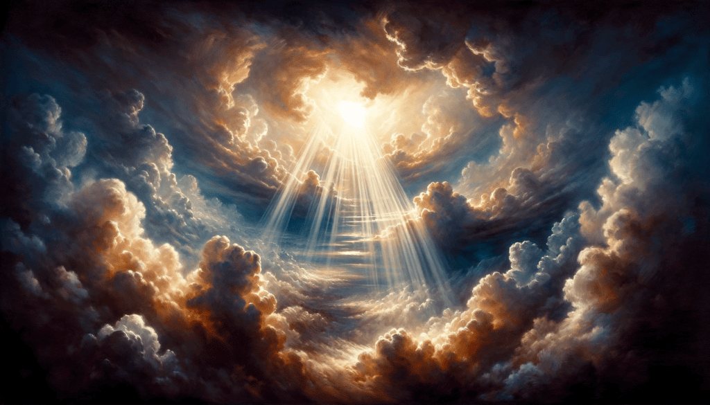 An oil painting capturing the unconditional love of God the Father, with heavens opening and divine light shining down.