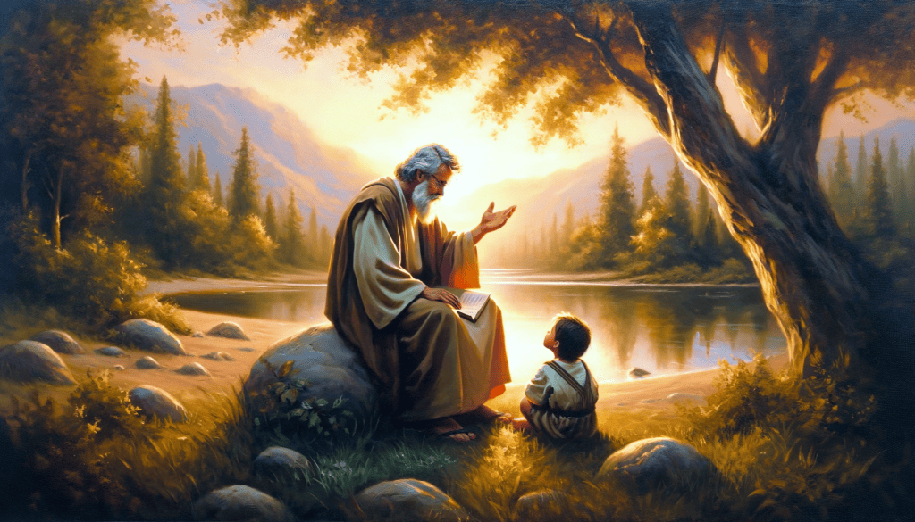 An oil painting of a father sharing wisdom and guidance with his child in a tranquil outdoor setting.