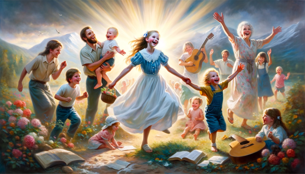 An oil painting portraying the joy and blessings of children, with a family scene and playful children.