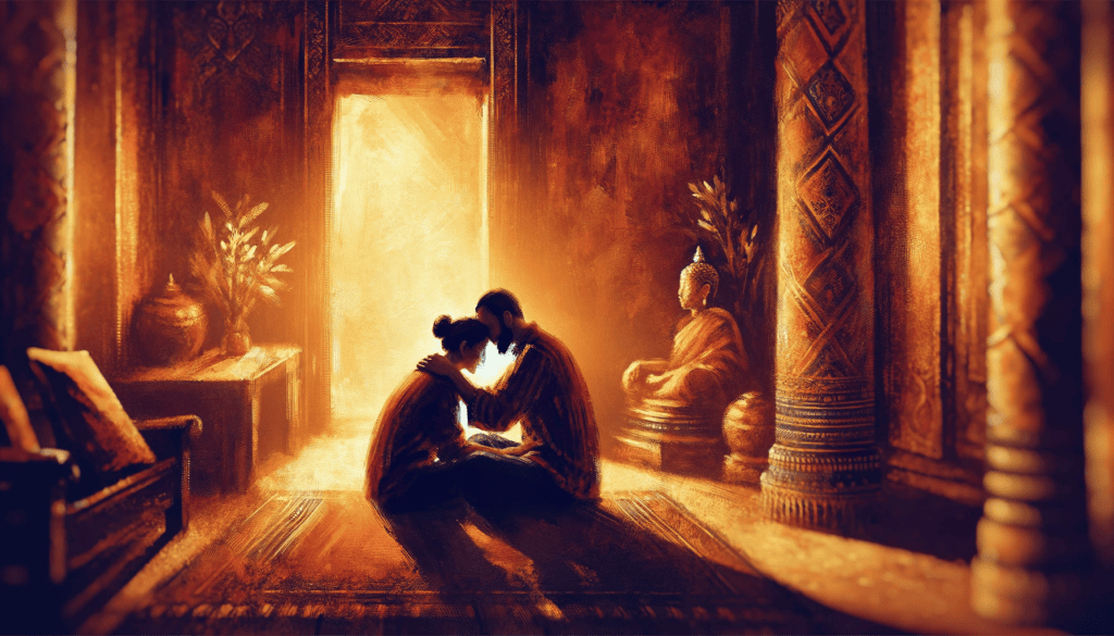 A warm, intimate scene depicting Forgiveness in Relationships, with two people embracing each other in a sunlit room, symbolizing reconciliation and love.