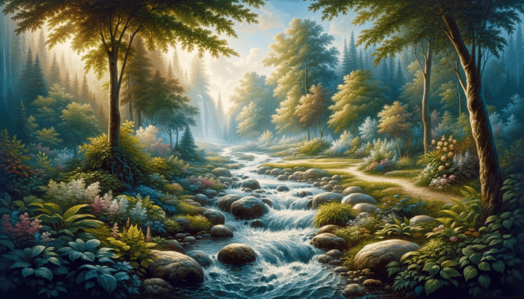 An image depicting The Nature of Forgiveness, featuring a peaceful garden with a gentle stream flowing through it, symbolizing tranquility and the washing away of past grievances.