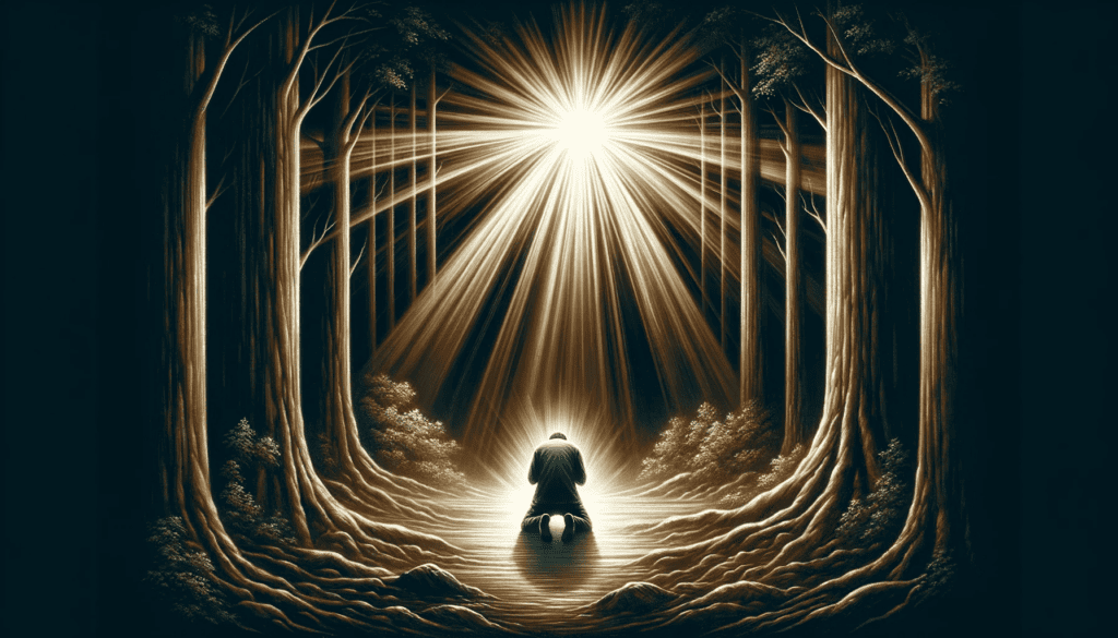 A symbolic image of Repentance and Forgiveness, depicting a person kneeling and praying in a ray of divine light shining through a forest, representing hope and spiritual renewal.